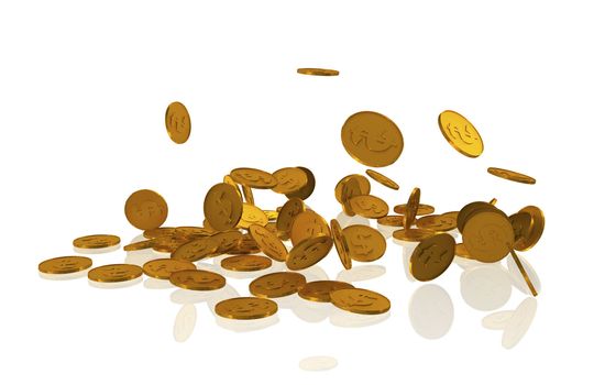 Golden dollar coins on white background - 3d rendered image