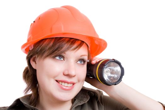 a young worker-girl with lantern and  a bright orange helmet