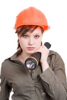 worker woman with lantern and  helmet