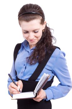 business lady make mark in notebook