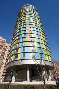 High-altitude apartment house in Moscow with walls from color panels 