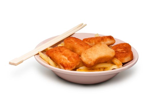 Food on plate with chinese sticks isolated