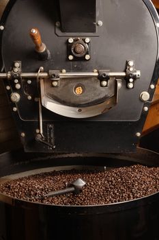 The freshly roasted coffee beans from a large old coffee roaster being stirred in the cooling cylinder.