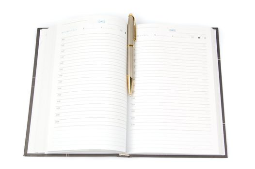 Empty appointment book and pen on a white background. Isolated path.