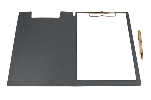 A piece of blank paper and a pen on clipboard, isolated white background.