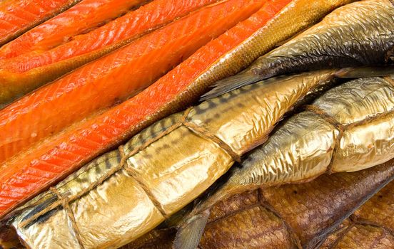 Set of smoked fish. Fish background