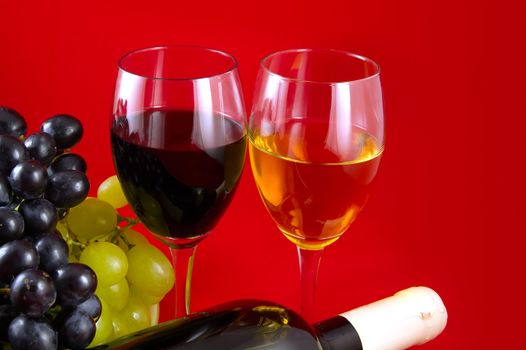 Two glasses with white and red wine on a red background. A dark wine bottle with a white label. Red and white grapes.