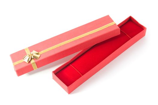 Long open red gift box on a white background