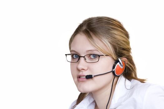 Young woman  with head set taking your calls