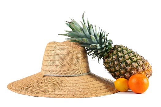 Farmer straw hat with pineapple, an orange and a lemon.