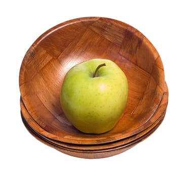 A single apple sitting in the top bowl in a stack, isolated against a white background