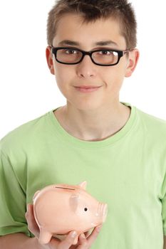 Smiling boy wearing a green t-shirt holds a money box