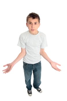 Annoyed, confused, bewildered or dumbfounded boy with hands outstretched