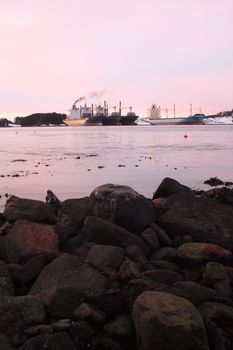 Ships anchored up in a bay on Karmøy, Norway