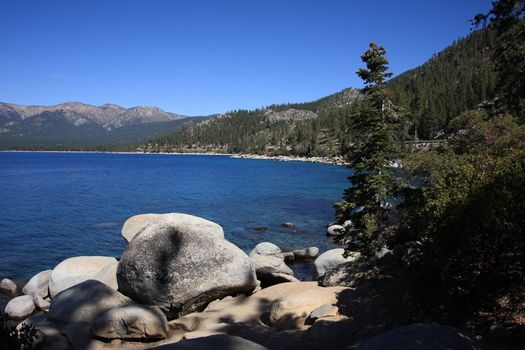 Rocky shoreline of Lake Tahoe in Nevada