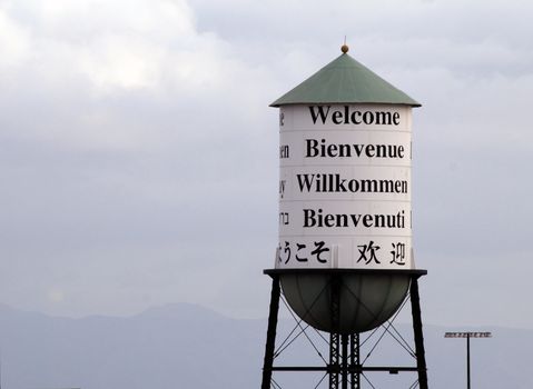 Water tower welcomes you in many languages