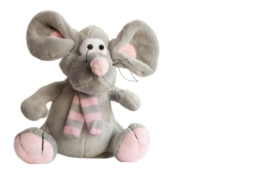 Gray toy-mouse with a pink scarf, isolated on a white background.