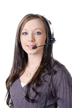 Young woman with headset isolated on white