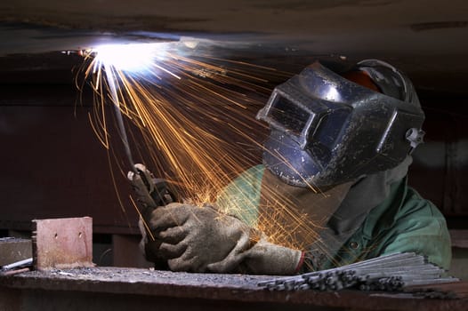 a welder working at shipyard during night shift