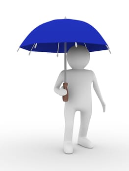 man with blue umbrella on white background. Isolated 3D image