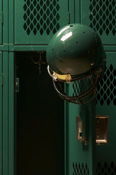 a football helmet in locker room