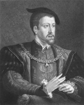 Charles V on engraving from the 1850s. Ruler of the Holy Roman Empire from 1519 and of Spain as Charles I from 1506 until his abdication in 1556.