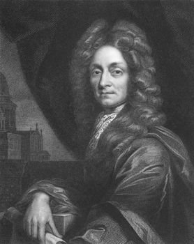 Christopher Wren on engraving from the 1850s. One of the best known English architects who rebuilt 55 churches in London after the great fire in 1666, including his masterpiece St Paul's Cathedral.