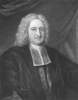 Edmond Halley on engraving from the 1850s. English astronomer, mathematician, physicist, geophysicist and meteorologist, best known for computing the orbit of Halley's comet, after whom is named.