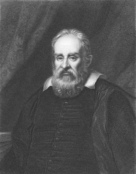 Galileo Galilei on engraving from the 1850s. Italian physicist, astronomer, mathematician and philosopher that played a major role in the scientific revolution.