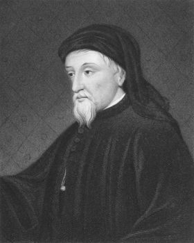 Geoffrey Chaucer on engraving from the 1850s. English author, poet, philosopher, bureaucrat, courtier and diplomat.
