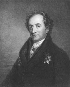 Johann Wolfgang von Goethe on engraving from the 1850s. German writer and polymath.