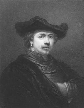Rembrandt on engraving from the 1850s. Dutch painter and etcher. One of the greatest painters and printmakers.