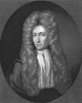 Robert Boyle on engraving from the 1850s. Irish natural philosopher, chemist, physicist, inventor and gentleman scientist, also noted for his writings in theology. One of the founders of modern chemistry.