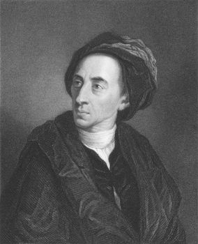 Alexander Pope on engraving from the 1850s. English poet best known for his satirical verse and translation of Homer.