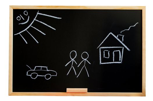 blackboard with a drowing of a house and a familie