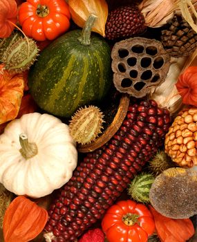 A background image of autumn seasonal food and decorations.
