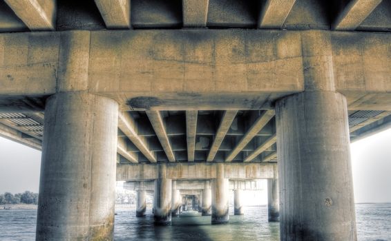 Grunge bridge architecture exterior over the sea.