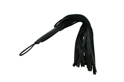 black leather whip on white background
