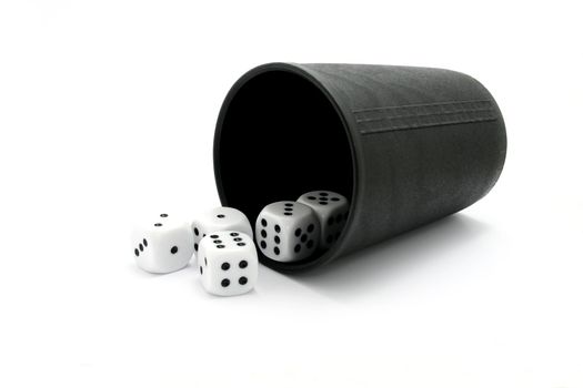 five dice with a black dice cup