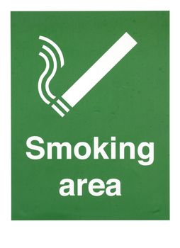 A slightly stained green sign indicating that smoking is allowed, on a plain white background. Clipping path included so it can be placed on any background.