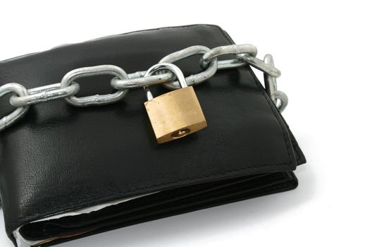 a black wallet locked by a chain and a padlock