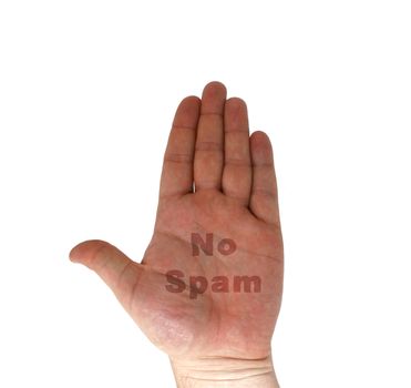 a hand on white background tattooed with "no spam"