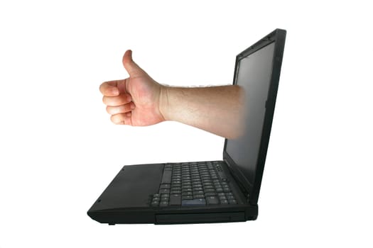 a hand coming out of a laptop