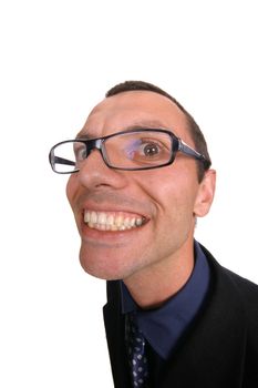 young business man playing silly over white background