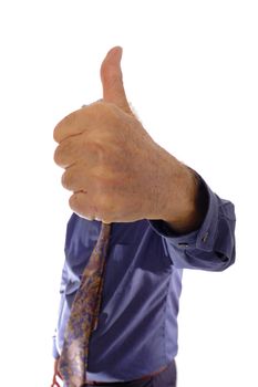 A senior businessman, in shirtsleeves, gives a thumbs up sign. Isolated on white background
