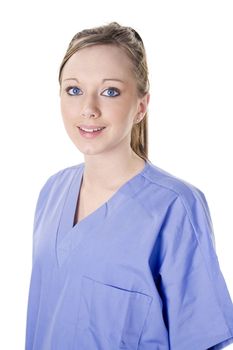 Young nurse in scrubs on white