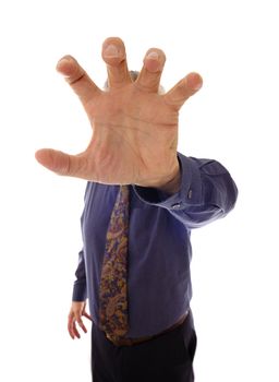 A senior businessman, in shirtsleeves, reaching out into the viewer's face