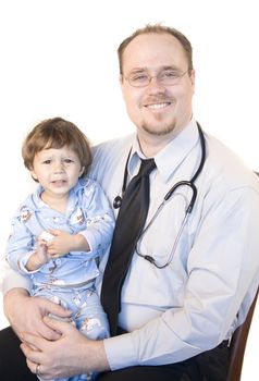 Male doctor siting with young baby