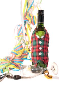 bottle dressed in jacket warmer with car keys on white background depicting drunk driving and addictions can kill