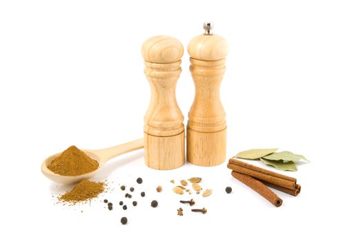 Wooden salt shaker and pepper grinder and set of spices on a white background.
